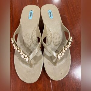 OKA B. Embellished wedge flip flops